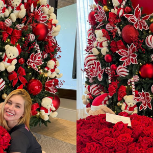 Virgínia ganhou rosas de Vini Jr. e posou diante da árvore exuberante que virou símbolo do 1º mês do casal