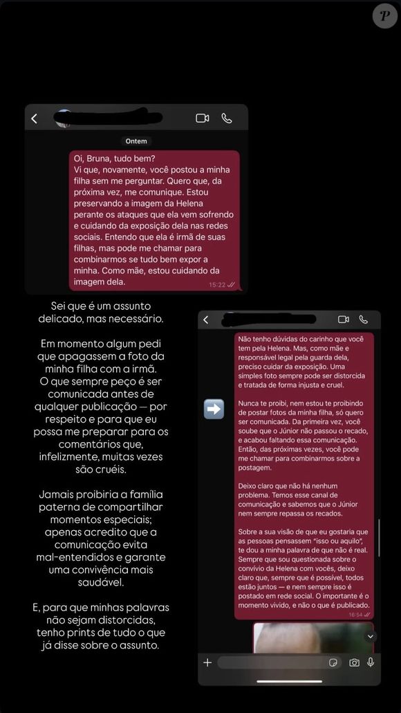 Amanda Kimberlly mostrou print em que pede que Bruna Biancardi a comunique antes de postar fotos de Helena