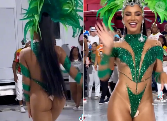 Durante um ensaio técnico da Grande Rio, Gabriela Versiani teve seu tapa-sexo deslocado enquanto dançava.