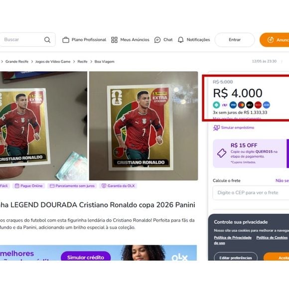Na OLX, a mesma figurinha Legend Gold de Cristiano Ronaldo chega a ser encontrada por até R$ 4 mil