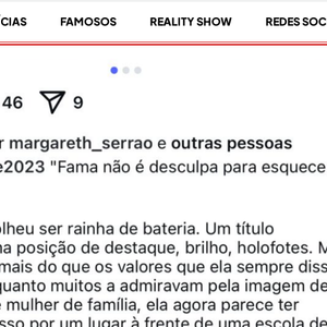 Embora os prints divulgados pelo Portal Leo Dias digam o contrário, Margareth negou ter feito as curtidas. O pronunciamento veio através da assessoria da matriarca