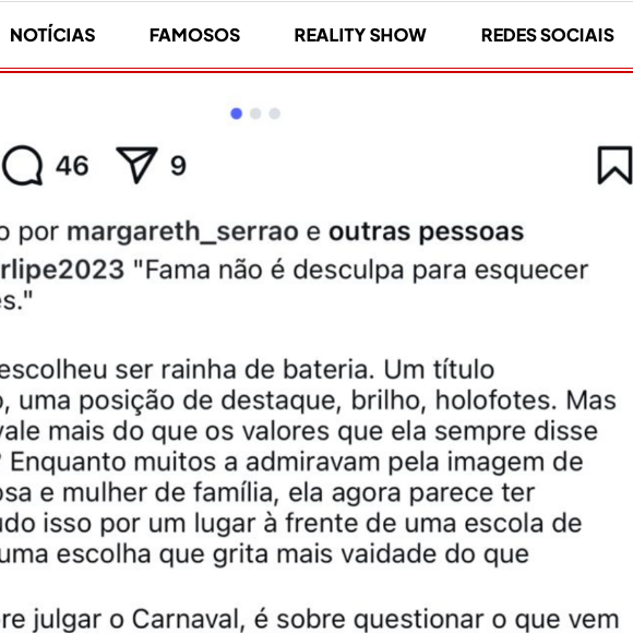 Embora os prints divulgados pelo Portal Leo Dias digam o contrário, Margareth negou ter feito as curtidas. O pronunciamento veio através da assessoria da matriarca