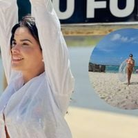 Sucesso em 'Cabocla', Vanessa Giácomo valoriza corpo definido em fotos de biquíni na praia e web reage: 'Linda minha Zuca'