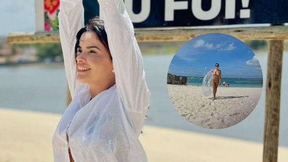 Sucesso em 'Cabocla', Vanessa Giácomo valoriza corpo definido em fotos de biquíni na praia e web reage: 'Linda minha Zuca'