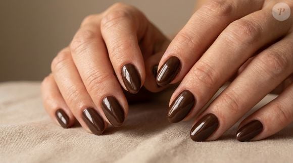Marrom chocolate leva sofisticação às unhas curtas: a tonalidade profunda cria um efeito visual elegante e polido e ainda combina com decorações minimalistas, como pontos e desenhos simples