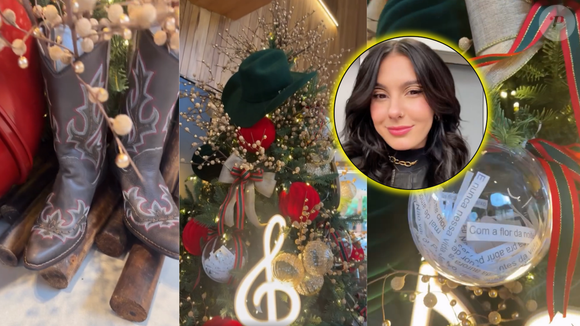 Ana Castela apostou em um tema country para sua decoração natalina e trouxe para sua árvore elementos que combinam muito com ela, como botas, notas musicais e trechos de música. Essa boiadeira tem personalidade!