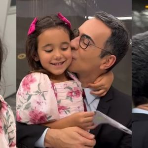 César Tralli enche filha de beijos com visita surpresa de Manu na Globo em dia do aniversário e web se emociona: 'Momento lindo'