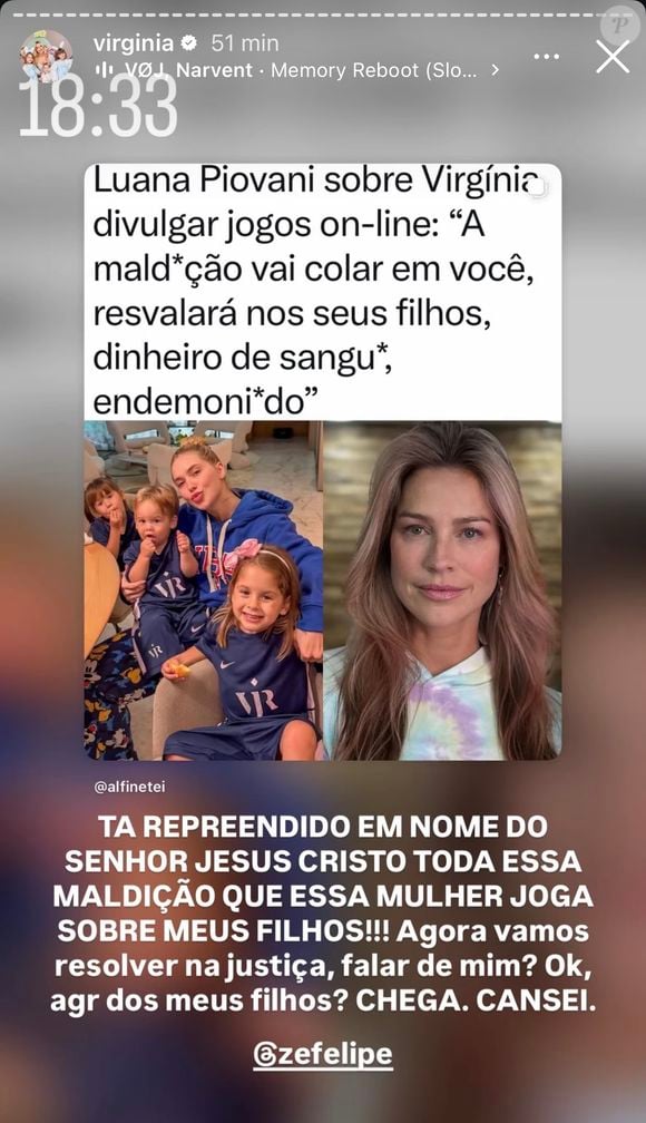 Virgínia Fonseca compartilhou a frase de Luana Piovani e anunciou a medida judicial: ‘Agora vamos resolver na Justiça, falar de mim? Ok, agora dos meus filhos? Chega’