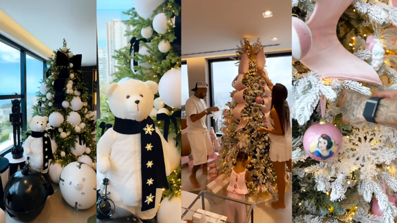 Neymar e Bruna Biancardi mostraram duas inspirações fora do tradicional vermelho e verde. A primeira decoração traz uma paleta preto e branco com quebra-nozes e urso polar, em uma vibe totalmente invernal. Já a segunda é a cara da Mavie, filha do craque com a modelo: um tema de princesa com flocos de neve e paleta rosa bebê.