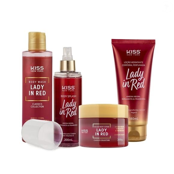 8. Kit Banho Premium Lady In Red (Kiss New York) | R$ 133,00
Ritual completo de banho com sabonete líquido, esfoliante corporal, loção hidratante e body splash floral frutal.