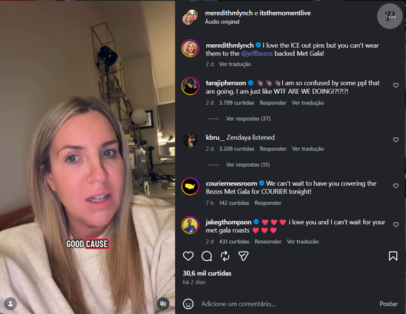 De acordo com Meredith Lynch, influenciadora que viralizou ao comentar a polêmica, Jeff Bezos seria parte do debate que motivou críticas públicas ao Met Gala 2026 nas redes sociais