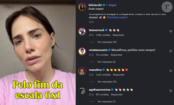 Tatá Werneck, Grazi Massafera e Agatha Moreira também demonstraram apoio com emojis de palmas no vídeo publicado pela atriz Letícia Colin em suas redes sociais