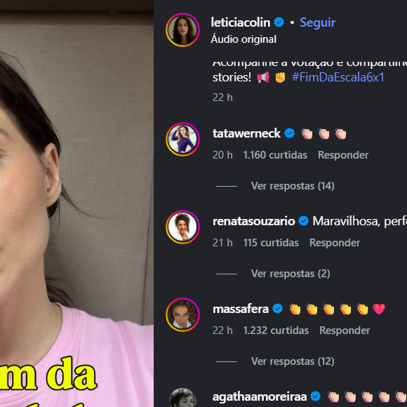 Tatá Werneck, Grazi Massafera e Agatha Moreira também demonstraram apoio com emojis de palmas no vídeo publicado pela atriz Letícia Colin em suas redes sociais