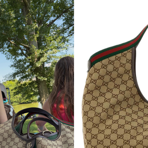 Além do vestido de quase R$ 1,5 mil, Camila Queiroz apareceu nos registros com uma bolsa da Gucci semelhante à Gucci Bolsa tote Giglio GG grande, avaliada em R$ 23.891 na Farfetch
