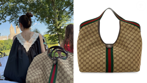 Além do vestido de quase R$ 1,5 mil, Camila Queiroz apareceu nos registros com uma bolsa da Gucci semelhante à Gucci Bolsa tote Giglio GG grande, avaliada em R$ 23.891 na Farfetch