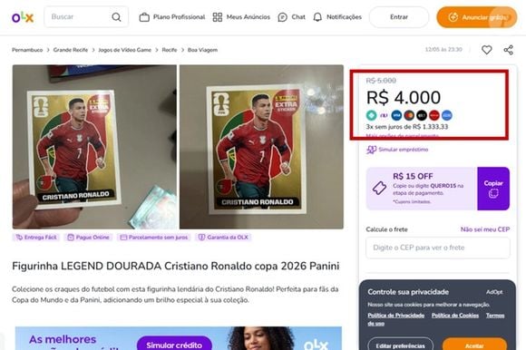 Na OLX, a figurinha Legend Gold de Cristiano Ronaldo é encontrada por até R$ 4 mil