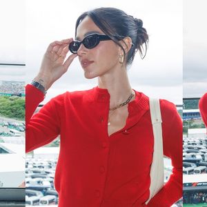 Esse look de Bruna Marquezine no GP de São Paulo é tão chique e confortável a atriz optou por uma calça jeans e uma camiseta social vermelha