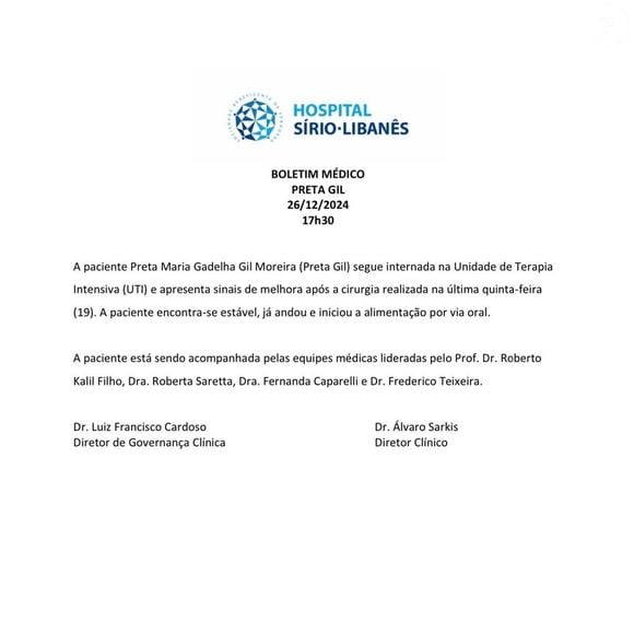 Estado de saúde de Preta Gil: último boletim médico informa que a cantora ‘encontra-se estável, já andou e iniciou alimentação por via oral’