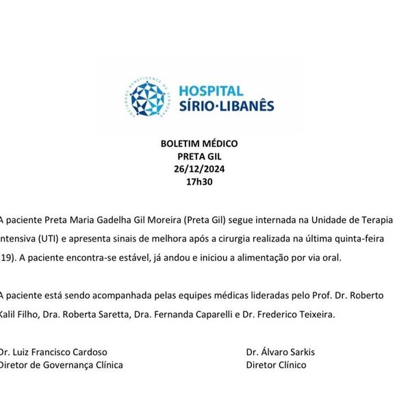 Estado de saúde de Preta Gil: último boletim médico informa que a cantora ‘encontra-se estável, já andou e iniciou alimentação por via oral’