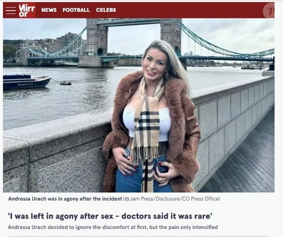 O vídeo pornô de Andressa Urach e Máximo Garcia foi destaque no tabloide britânico The Mirror. ‘Fiquei em agonia após o sexo - médicos disseram que isso é raro’, dizia a manchete