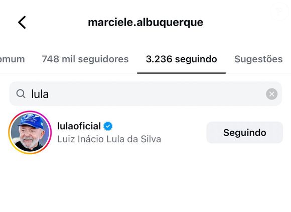 Segundo uma internauta no X, Marciele segue o presidente Lula nas redes sociais