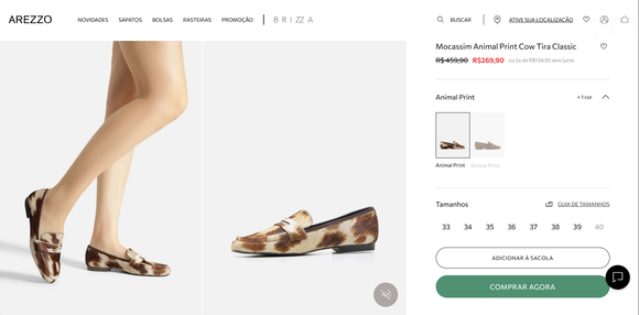 Quanto custa o sapato do momento: o mocassim animal print cow da Arezzo custa R$ 269,90 ou 2x de R$ 134,95 sem juros no site da marca