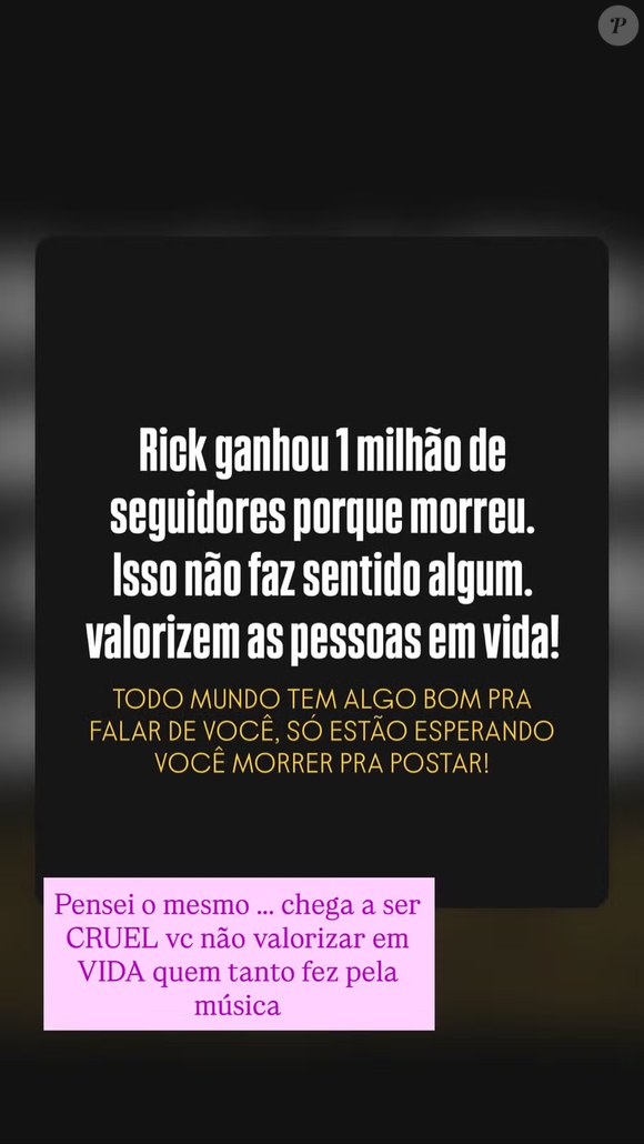 Roberta Miranda lamentou a morte de Rick e comentou o fenômeno nas redes sociais após a tragédia. O perfil do cantor ganhou mais de 1 milhão de seguidores