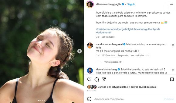 Elisa Annenberg Paglia aproveitou o dia do orgulho LGBTQIAP+ para se assumir e ganhou o apoio da mãe.