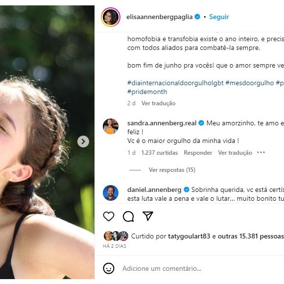 Elisa Annenberg Paglia aproveitou o dia do orgulho LGBTQIAP+ para se assumir e ganhou o apoio da mãe.