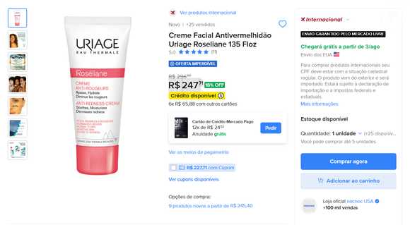 Vendido no Mercado Livre por cerca de R$ 247,71, segundo um anúncio encontrado na plataforma, o Roséliane, da Uriage, é o produto que Diane Kruger considera indispensável para manter a pele calma e uniforme
