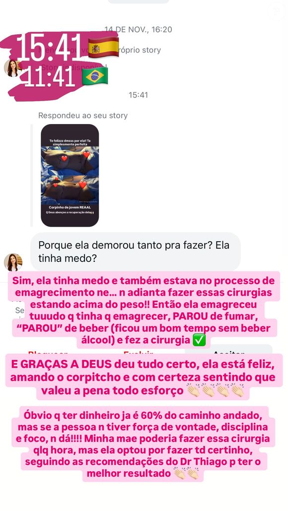 Virgínia contou que a mãe fez dieta para se submeter às cirurgias