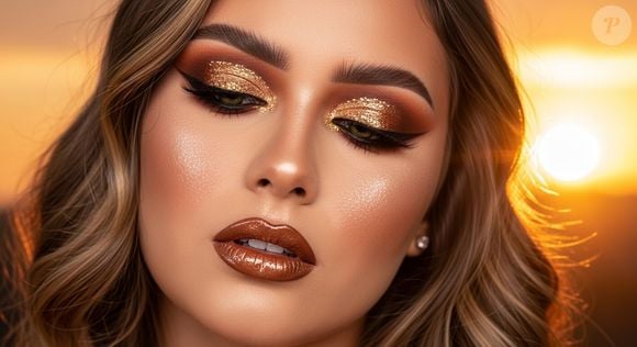 8. Festival Dourado Bronze Iluminado

Prompt: "Gere retrato ultra glam com sombra dourada e bronze com glitter, côncavo em cobre intenso, iluminador cintilante nas bochechas, lábios bronze quente com gloss. Cabelo solto ondulado, efeito de luz dourada estilo pôr do sol ao fundo."