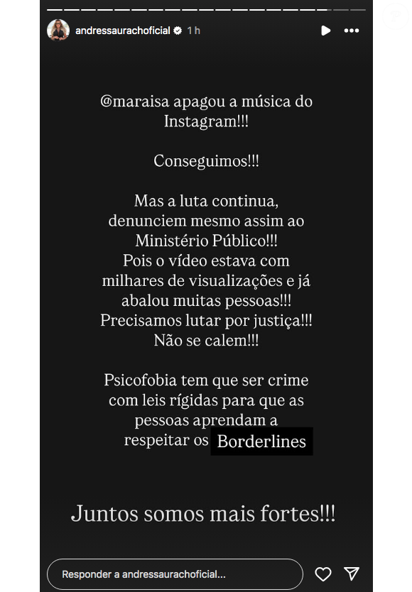 Depois da polêmica, Maraisa apagou o vídeo, mas Andressa Urach não recuou e continuou pedindo medidas drásticas