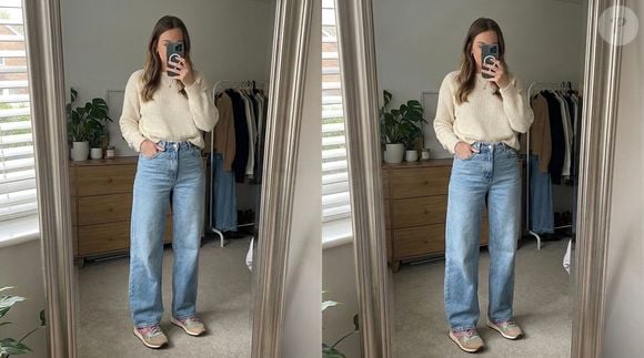 Para combinar o tênis colorido da Saucony, calças jeans largas ou modelos de sarja no estilo oversized são uma pedida para equilibrar a produção e deixar o calçado em destaque