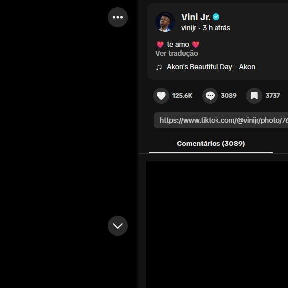 Vini Jr. postou fotos romanticas com Virgínia em sua conta no TikTok e escreveu: 'Te amo'