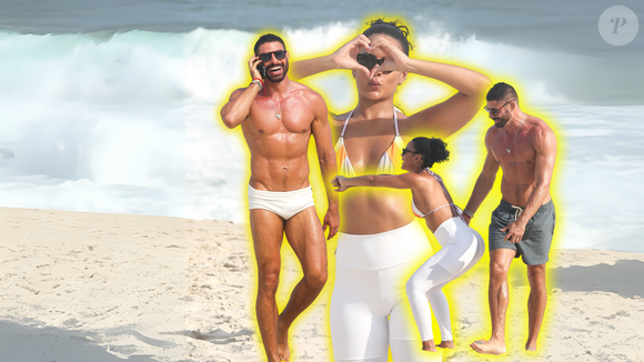 'Vale Tudo' na praia: Maria de Fátima no remake da Globo, Bella Campos combina legging branca e biquíni em gravação com Cauã Reymond
