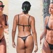 Demos zoom! Bella Campos se bronzeia com biquíni de fita na praia e revela tatuagens íntimas. Veja fotos!