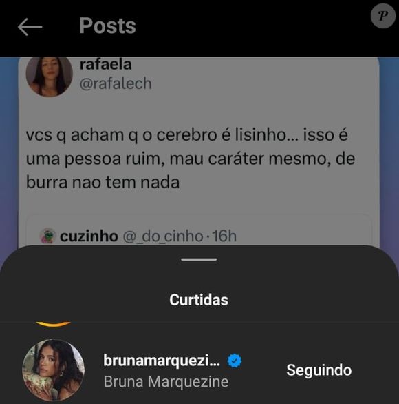 Bruna Marquezine curtiu um post no Instagram, que trazia um carrossel com muitas críticas a Virgínia Fonseca. Em um dos prints, a mãe das Marias era chamada de mau caráter