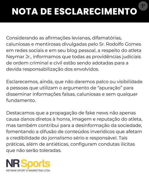 Equipe de Neymar negou acusações, classificou de calúnia e prometeu ir à Justiça