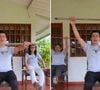 Para começar o primeiro exercício desta rotina de pilates na cadeira, sente-se com as costas retas e os pés apoiados no chão