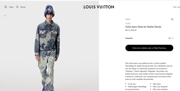A Calça Jeans Skate em Xadrez Damier está custando R$ 12.300,00 no site da marca.
