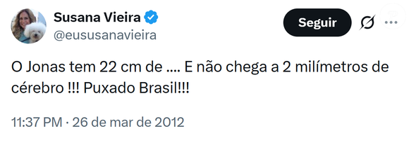 ‘O Jonas tem 22 cm de… E não chega a 2 milímetros de cérebro! Puxado Brasil!’, postou Susana Vieira no X em 2012