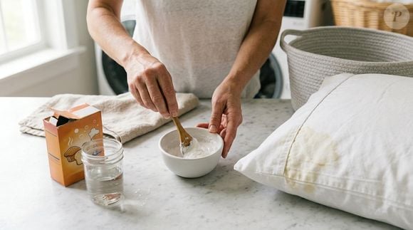 Para aplicar o truque do bicarbonato, basta misturá-lo com água na mesma proporção até formar uma pasta homogênea e, depois, espalhar a mistura sobre as áreas amareladas do travesseiro