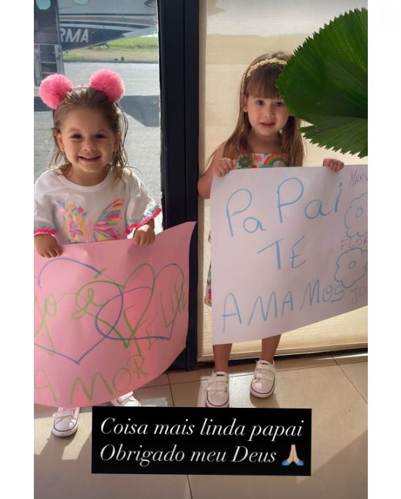 Filhas de Zé Felipe e Virginia Fonseca, Maria Alice e Maria Flor fizeram surpresa para o pai no aeroporto de Goiás