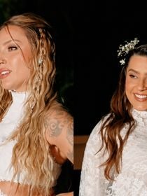 Casamento de Lauana Prado e Tati Dias: grávida de 8 meses, cantora destaca barrigão em vestido de renda com transparência; veja fotos de cerimônia intimista na praia!