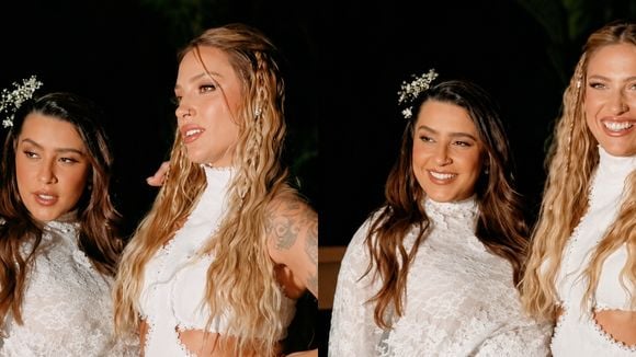 Casamento de Lauana Prado e Tati Dias: grávida de 8 meses, cantora destaca barrigão em vestido de renda com transparência; veja fotos de cerimônia intimista na praia!