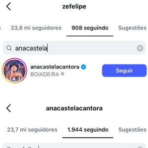 Zé Felipe e Ana Castela ainda se seguem no Instagram, logo, pelo menos nesta rede social o cantor não foi bloqueado