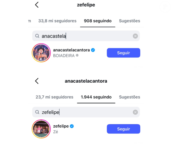 Zé Felipe e Ana Castela ainda se seguem no Instagram, logo, pelo menos nesta rede social o cantor não foi bloqueado