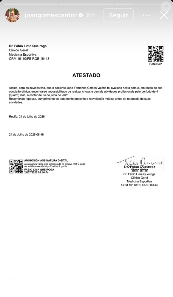 João Gomes cancelou shows após ser internado com influenza. Equipe atualizou o estado de saúde e explicou quando ele poderá voltar aos palcos