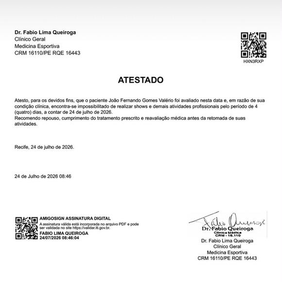 João Gomes cancelou shows após ser internado com influenza. Equipe atualizou o estado de saúde e explicou quando ele poderá voltar aos palcos